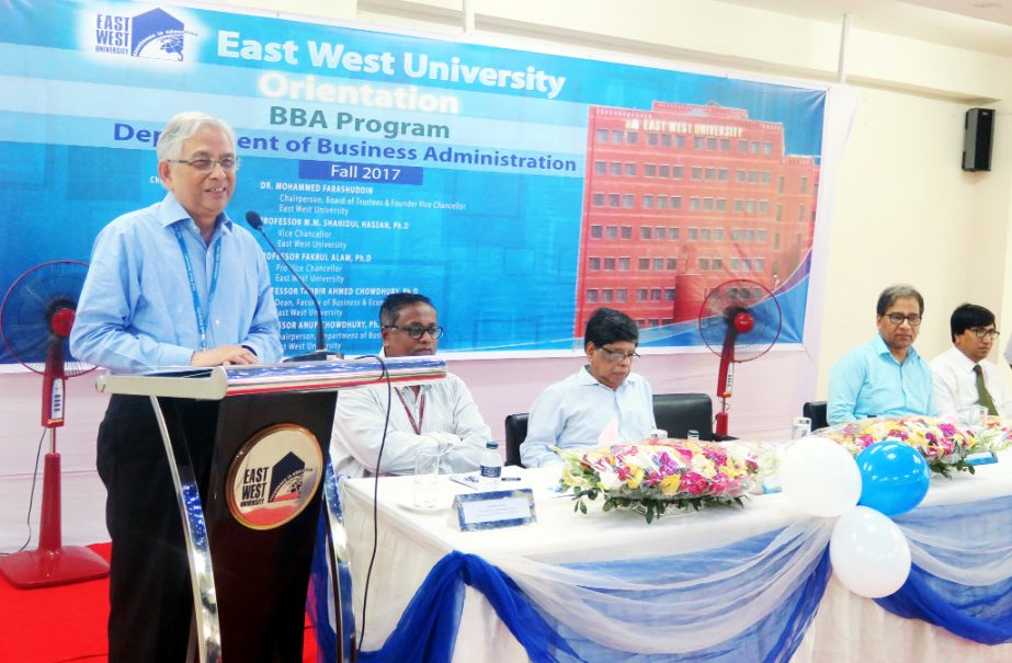 Dr Mohammed Farashuddin, Chairperson of Board of Trustees of East West University speaks at an orientation program of the University held on Tuesday at its Aftabnagar campus in the city.