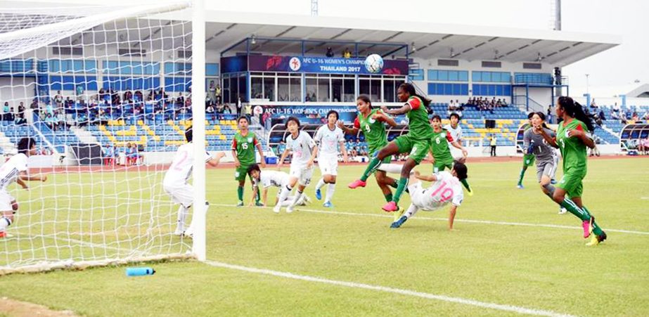 An action from the Group-B match of the AFC Under-16 Women's Championship between Bangladesh Under-16 Women's National Football team and Japan Under-16 Women's National Football team at IPE Stadium in Chonburi, Thailand on Thursday. Moin Ahamed