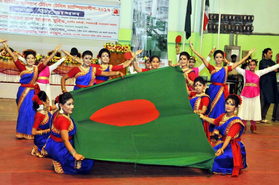 The artistes perform during the inaugural ceremony of the South Bangla Agriculture & Commerce Bank 4th National Junior Tennis Championship at the Shaheed Tajuddin Wooden Floor Gymnasium on Thursday.