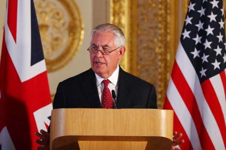 US Secretary of State Rex Tillerson takes part in a press conference after his meeting on Libya at Lancaster House in London on Thursday.