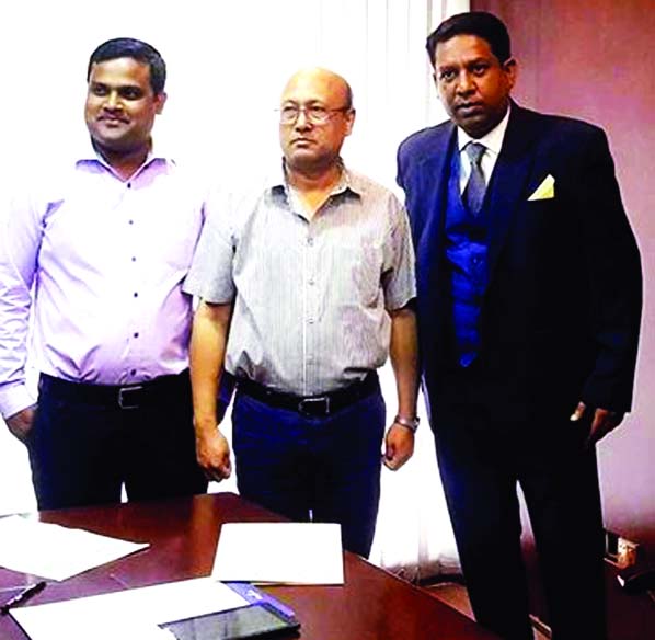 Managing Director Syed Samadul Haque Mallick, Chief Editor Eastern News Agency (ENA) seen after signing and intern agreement to televise TV programme round the year by ENA at peak hour.