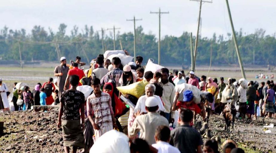 A large number of Rohingyas entering into Bangladesh through Shahporir Dwip in Teknaf under Cox's Bazar . This snap was taken on Thursday