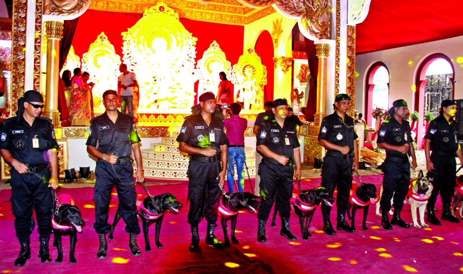 Security steps beefed-up around Puja mandops to face any untoward situation across the country. This picture was taken from a Durga Puja mondap in city's Banani area on Tuesday.