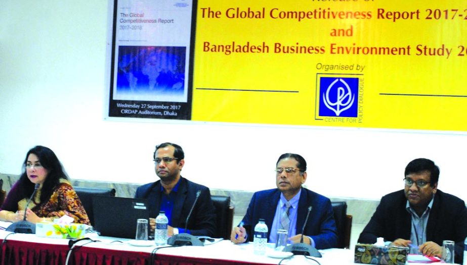 Centre for Policy Dialogue (CPD) releases 'Global Competitiveness Index (GCI) 2017-18' report of World Economic Forum on Wednesday at a press conference in the city on Wednesday. Distinguished fellow of CPD Dr Mustafizur Rahman, executive director Fahmi