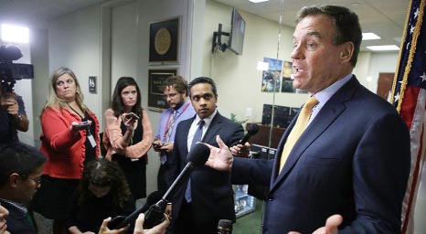 Senator Mark Warner speaking to the media about the meeting with Twitter officials in Washington,