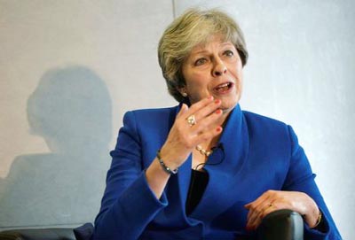 Britain's Prime Minister Theresa May speaks at an event to mark the 20th anniversary of the Bank of England's independence in the City of London.