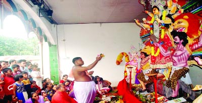 RANGPUR: Religious rituals being performed at Paul Paraohan Thakurbari Mandir Puja mandap yesterday.