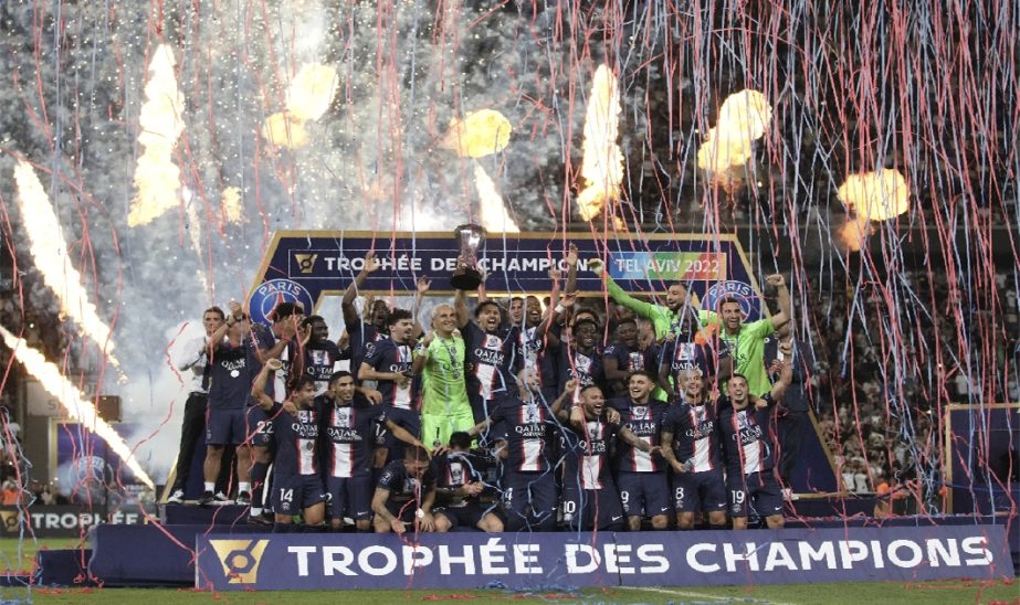 PSG's Marquinhos holds the trophy after winning the French Super Cup final soccer match between Nantes and Paris Saint-Germain at Bloomfield Stadium in Tel Aviv, Israel, Sunday, July 31, 2022. PSG won 4-0.