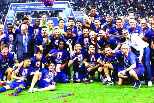 Paris Saint-Germain team players celebrate winning the French Champions' Trophy (Trophee des Champions) final football match between Paris Saint-Germain and FC Nantes at the Bloomfield Stadium in Tel Aviv on Sunday.