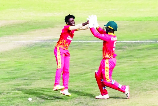 Wessly Madhevere (left) of Zimbabwe celebrates with his teammate wicketkeeper Regis Chakabva after dismissal of Anamul Haque (not in the picture) of Bangladesh during their third T20I match at Harare Sports Club Ground in Zimbabwe on Tuesday.