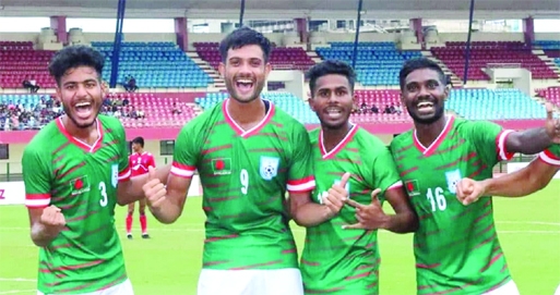Players of Bangladesh Under-20 Football team celebrate after scoring a goal against Nepal Under-20 Football team in their last group match of the SAFF Under-20 Championship at the Kalinga Stadium in Bhubaneswar on Tuesday.