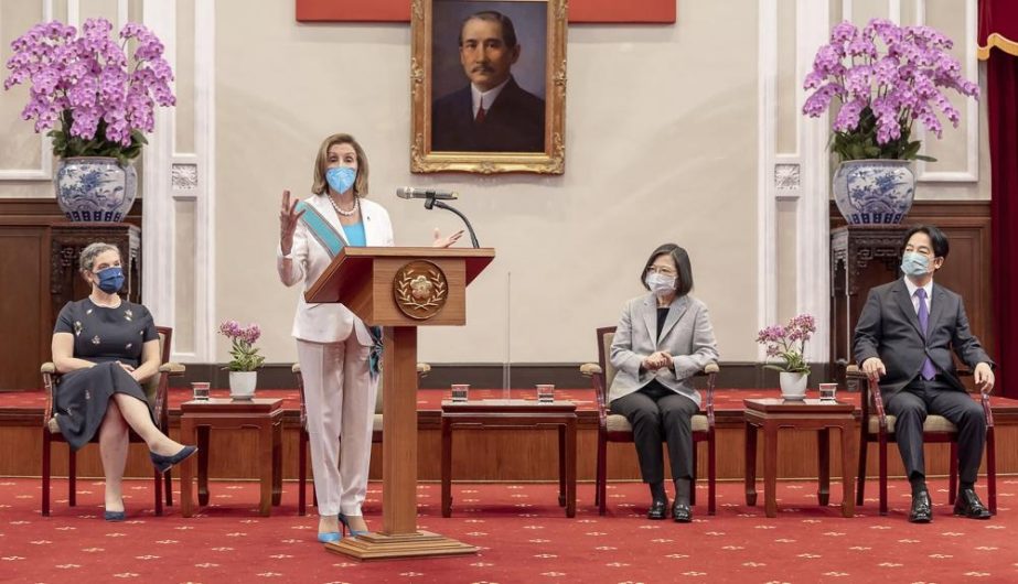 n this photo released by the Taiwan Presidential Office, U.S. House Speaker Nancy Pelosi speaks during a meeting with Taiwanese President President Tsai Ing-wen, second from right, in Taipei, Taiwan, Wednesday, Aug. 3, 2022.