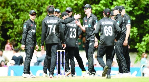 Players of New Zealand celebrate after dismissal of Stephan Myburg of Netherlands in their first Twenty20 International match at The Hague in Netherlands on Thursday.