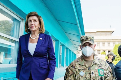 House of Representatives Speaker Nancy Pelosi visits the truce village of Panmunjom inside the Demilitarized Zone separating the two Koreas on Thursday in this image posted to Twitter.