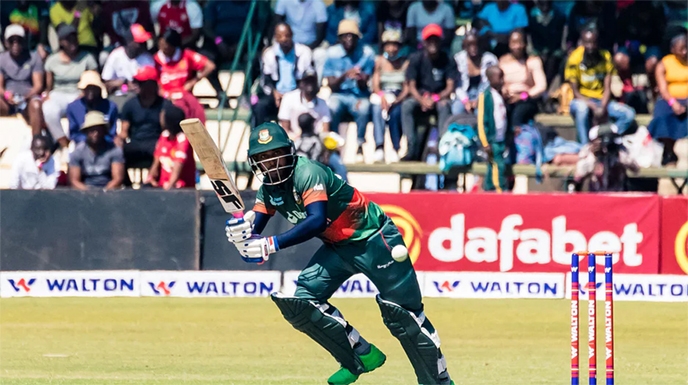 Bangladesh's Mahmudullah Riyad watches the ball after playing a shot during the second ODI between Zimbabwe and Bangladesh at the Harare Sports Club Ground in Zimbabwe on Sunday.