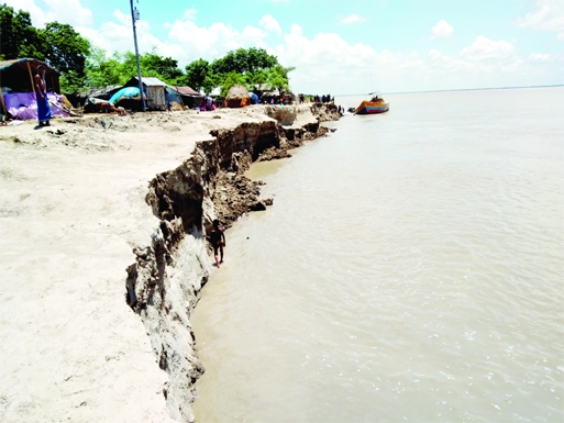 SHIBGANJ (Bogura): The Padma River erosion takes a serious turn at Shibganj Upazila Point devouring houses and institutes. The snap was taken on Saturday.