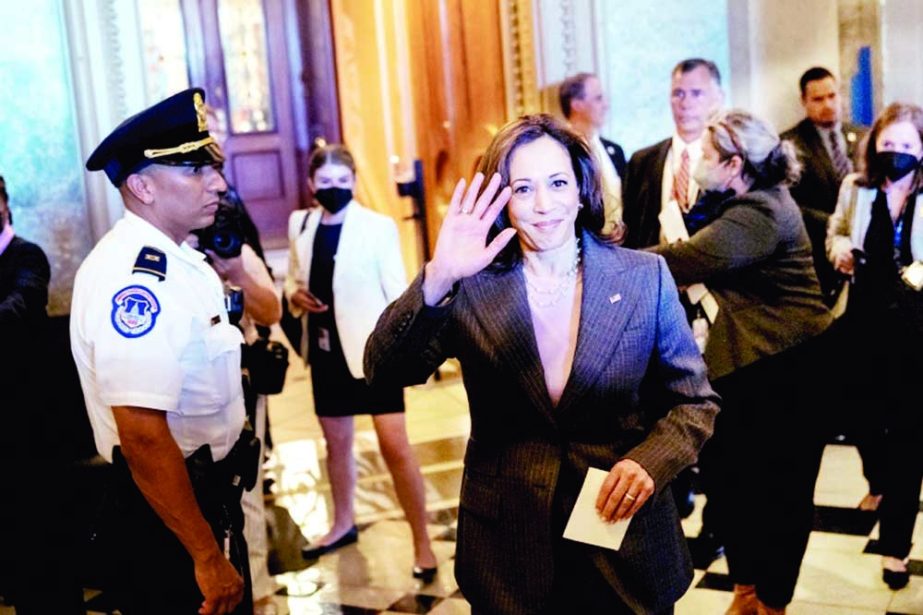 Vice President Kamala Harris waves as she departs the Senate after passage of the Inflation Reduction Act at the U.S. Capitol in Washington, DC on Sunday. Agency photo