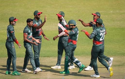 Players of Bangladesh celebrate after dismissal of a batter of Zimbabwe during their third and last One day International match at the Harare Sports Club Ground in Zimbabwe on Wednesday.