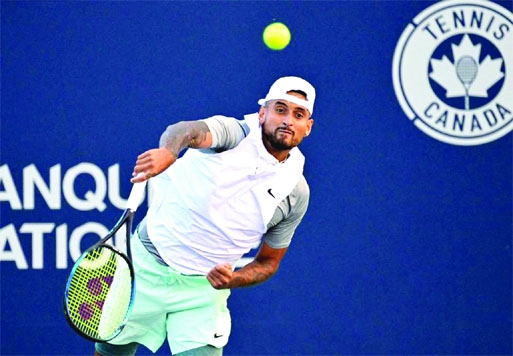 Nick Kyrgios of Australia plays a shot against his compatriot Alex de Minaur in their match of the ATP Montreal Masters in Canada on Thursday.