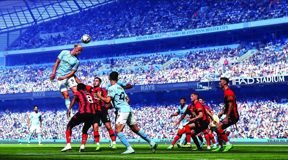 Players of Manchester City and Bournemouth in action during their English Premier League soccer match at the Gtech Community Stadium in London on Saturday. Agency photo
