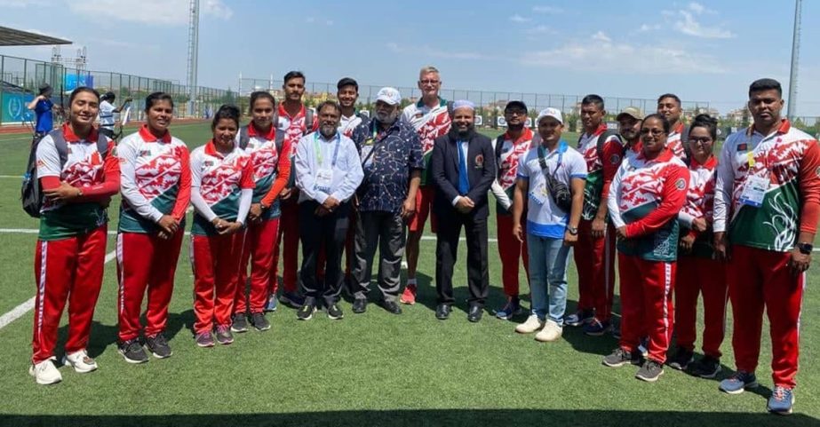 Members of Bangladesh Archery team pose for a photo session after confirming a medal in the Islamic Solidarity Games being held at Konya in Turkiye on Monday. Agency photo