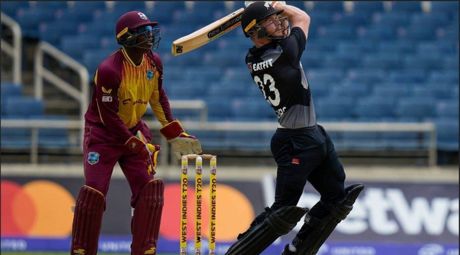 New Zealand's Glenn Phillip (right) shots a four against West Indies during their second T20I cricket match at Sabina Park in Kingston, Jamaica on Sunday. AP photo