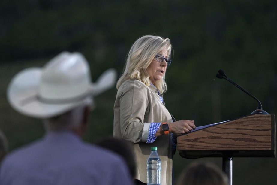 Rep. Liz Cheney, R-Wyo., speaks Tuesday, Aug. 16, 2022, at a primary Election Day gathering at Mead Ranch in Jackson, Wyo. Cheney lost to challenger Harriet Hageman in the primary. Photo: AP