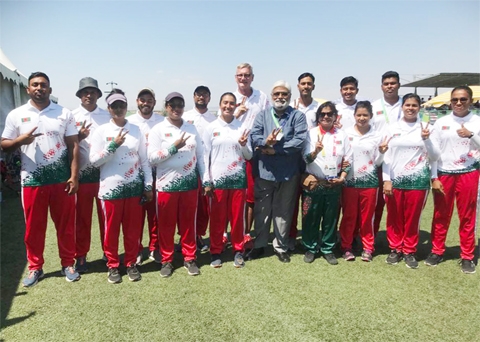 Members of Bangladesh Archery team show victory sign after winning one silver medal and two bronze medals in the Archery Competition of Islamic Solidarity Games at Konya in Turkiye on Wednesday.