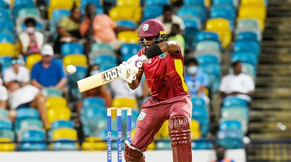 Sharmarh Brooks of West Indies hits 4 during the 1st ODI match between West Indies and New Zealand at Kensington Oval, Bridgetown, Barbados on Wednesday.