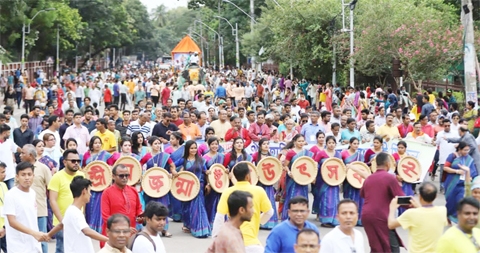 A colourful rally marking Janmashtami was brought out on Friday. The snap was taken from in front of Jagannath Hall of DU.