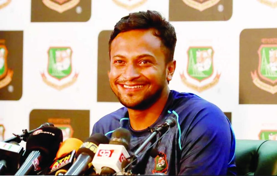 Captain of Bangladesh T20 Cricket team Shakib Al Hasan speaking at a press conference in the Sher-e-Banla National Cricket Stadium, Mirpur on Monday. Agency photo