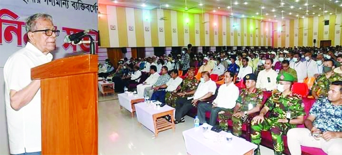 KISHOREGANJ : President Adv Md. Abdul Hamid addresses a views exchange meeting with high government officials, professionals and public representatives at President Hamid Auditorium in Austagram on Tuesday.