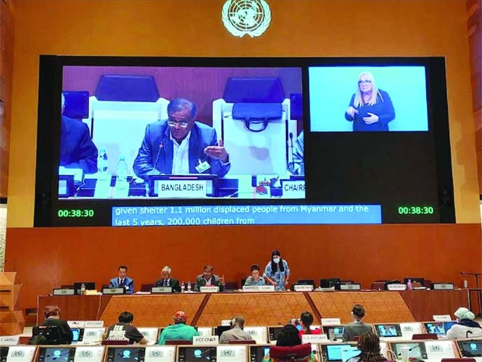 Information and Broadcasting Minister Dr. Hasan Mahmud speaks at the 27th session on UN Convention on the Rights of Persons with Disabilities Committee at Geneva in Switzerland on Thursday.