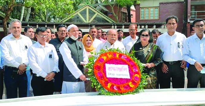 Industries Minister Nurul Mazid Mahmud Humayun, among others, pays tributes to Bangabandhu by placing floral wreaths at the latter's mausoleum at Tungipara in Gopalganj on Friday marking the 47th martyrdom anniversary of Bangabandhu.