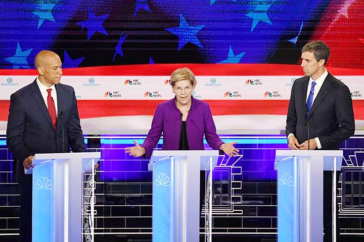 Democratic presidential hopefuls Corey Booker, Elizabeth Warren, and Beto O'Rourke in first Democratic primary debate of the 2020 presidential campaign season.