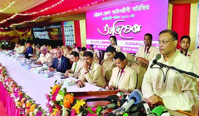 Information and Broadcasting Minister Dr. Hasan Mahmud speaks at the orientation ceremony of the Executive Council of Chattogram District Lawyers' Association-2022 at GEC Convention Center in Chattogram on Thursday.