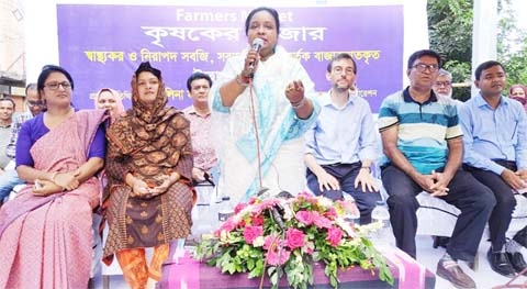 Mayor of Narayanganj City Corporation (NCC) Dr. Selina Hayat Ivy speaks at the inaugural ceremony of farmers' market at a ward of NCC on Friday.