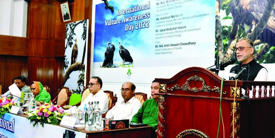 Environment, Forest and Climate Change Minister Shahab Uddin speaks at a discussion marking the International Vultures Awareness Day-2022 at the Department of Forest in the city on Saturday. NN photo