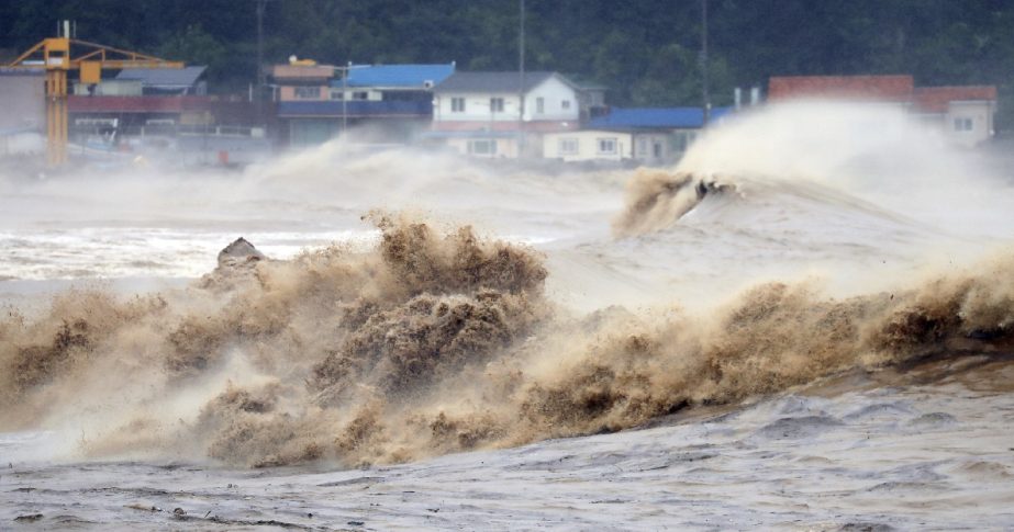 Waves hit a shore in Pohang, South Korea, Tuesday, Sept. 6, 2022.