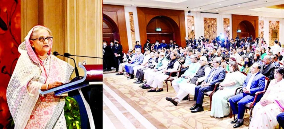 PM Sheikh Hasina on Wednesday gave speech to the family members of martyrs and wounded Indian military men during the liberation war of Bangladesh while giving 'Mujib scholarship' at a hotel in New Delhi. PID photo