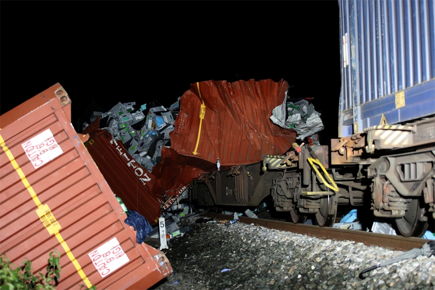 This shows the site of a train collision near Novska, Croatia, Saturday, Sept. 10, 2022. A passenger train and freight train collided Friday night in central Croatia, causing some deaths and injuries, authorities said.