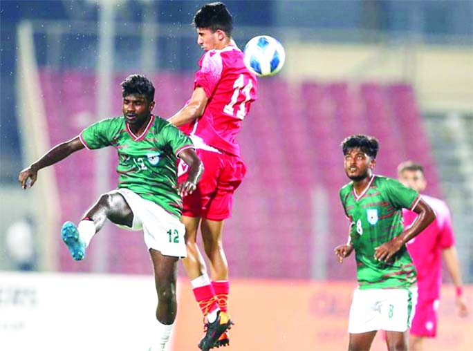 An exciting moment of the Group-B match of the AFC Under-20 Qualifiers between Bangladesh Under-20 Football team and Bahrain Under-20 Football team at Sheikh Ali bin Mohammed Al Khalifa Stadium in Bahrain on Saturday night.