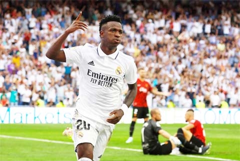 Real Madrid's Vinicius Junior celebrates scoring their second goal in their LaLiga match against RCD Mallorca at the Santiago Bernabeu in Madrid, Spain on Sunday.