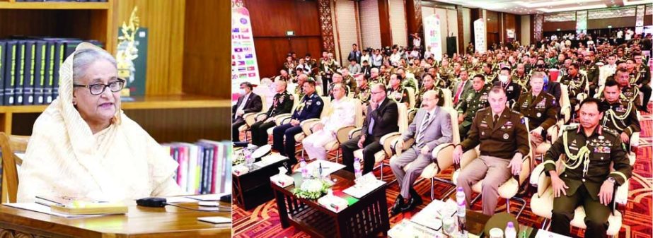 Prime Minister Sheikh Hasina speaks at the inaugural ceremony of the 46th Indo-Pacific Armies Management Seminar at Raddison Blu Hotel in the city through video conference from Ganabhaban on Monday. PID photo