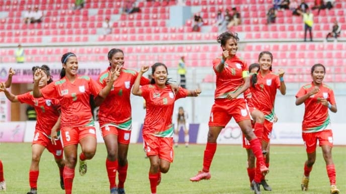 Players of Bangladesh Women's Football team celebrate after defeating Bhutan Women's Football team in the first semi-final of the SAFF Women's Championship at Dasharath Rangasala Stadium in Kathmandu, the capital city of Nepal on Friday.