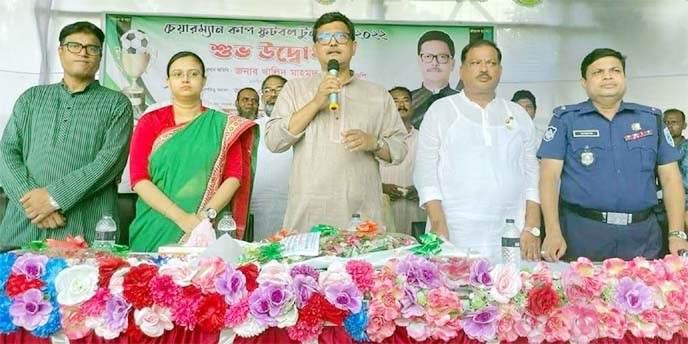 State Minister for Shipping Khalid Mahmud Chowdhury speaking at the inaugural ceremony of the Chairman Cup Football Tournament as the chief guest at Bochaganj upazila in Dinajpur district on Friday.
