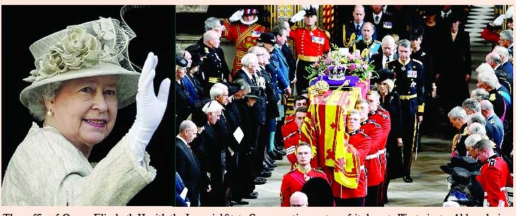 The coffin of Queen Elizabeth II with the Imperial State Crown resting on top of it departs Westminster Abbey during the State Funeral of Queen Elizabeth II in London on Monday. Agency photo