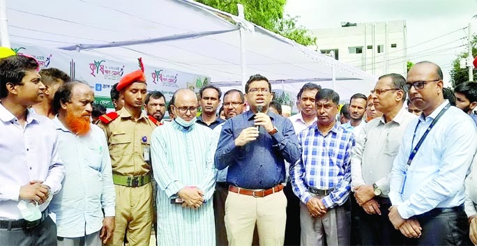 Deputy Commissioner (DC) of Narsingdi Abu Nayeem Mohammed Maruf Khan speaks at an inauguration programme of Agriculture and SME loan fair in Narsingdi on Wednesday.
