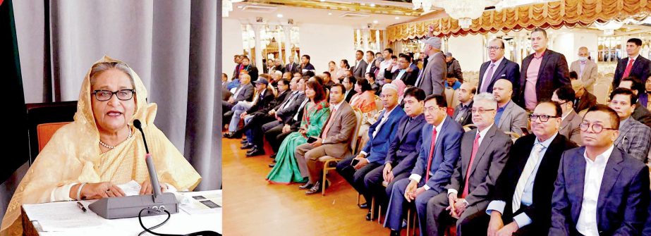 Prime Minister Sheikh Hasina speaks virtually at New York Palace on Saturday at a reception accorded to her by Bangladeshi expatriates in US. PID photo