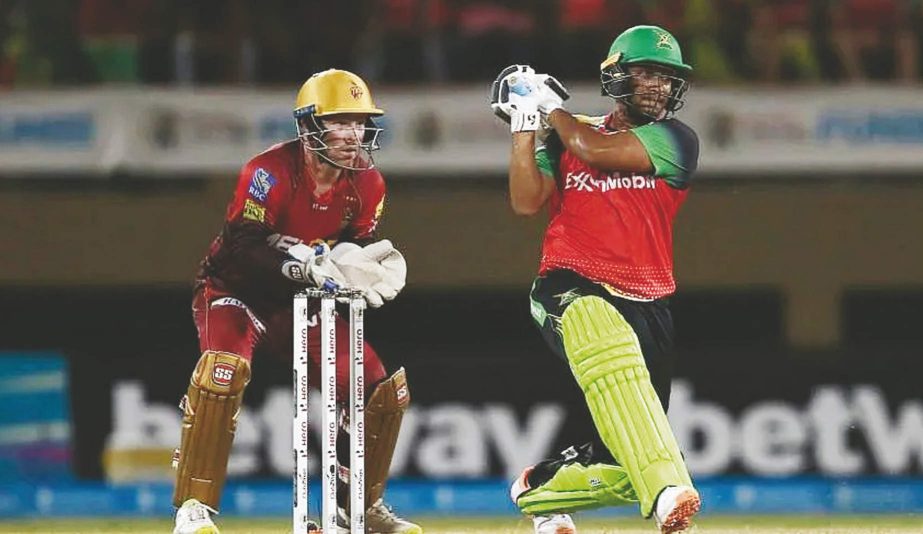 Guyana Amazon Warriors all-rounder Shakib Al Hasan (right) plays a shot during their Caribbean Premier League match against Trinbago Knight Riders at the Providence Stadium in Guyana on Sunday. Agency photo